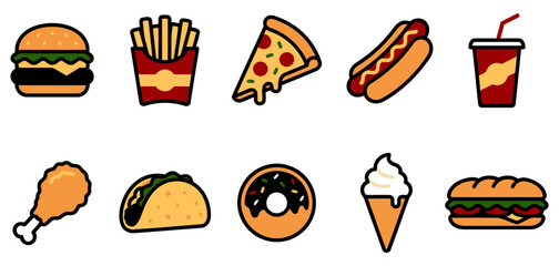 Fast food icon set. burger, fries, pizza, hotdog, soda, taco, donut, icecream, sandwich, fried chicken, snack takeaway restaurant junk food. cartoon style collection Flat vector illustration