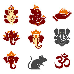 Ganesha Ganpati Hindu deity icon set Indian religious festival symbol elephant god om modak lotus spiritual culture traditional devotional design Flat vector illustration