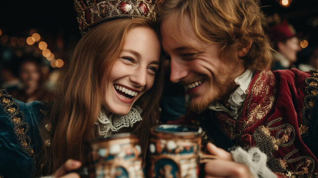 Couple enjoying a monster beer toast together at a concert in Schaan, Liechtenstein, with joyful faces and medieval attire