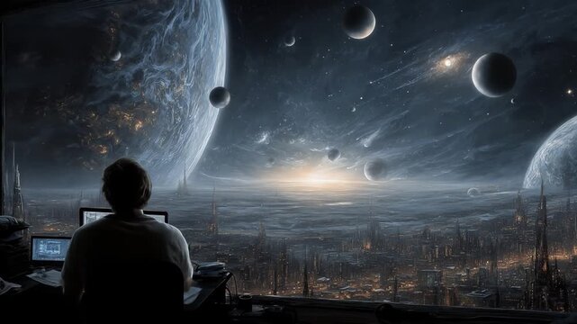Astronaut contemplating distant planets from space station window