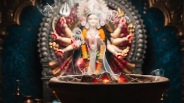 Sacred Smoke Rising from Incense Pot in Front of Maa Durga Idol