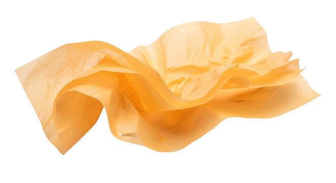 Golden yellow tissue paper isolated PNG, crumpled and folded for gift wrapping and craft projects on transparent background