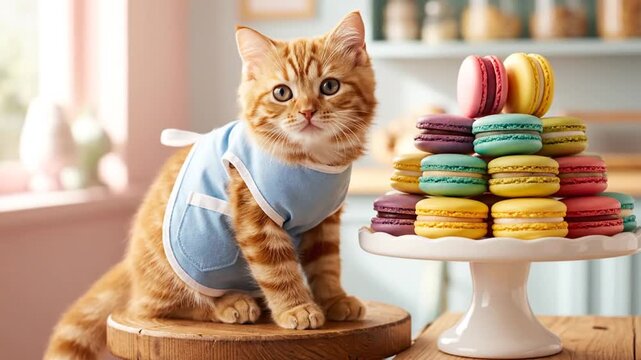 An orange cat wearing a blue shirt stands on a wooden platform beside a colorful macaron tower on a white cake stand indoors