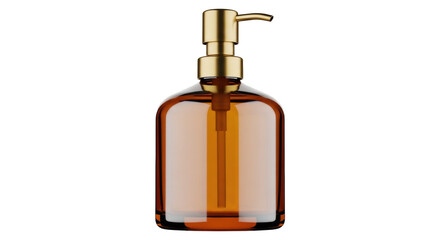 Fototapeta premium Amber glass soap dispenser isolated PNG, refillable bottle with golden pump for bathroom or kitchen on transparent background