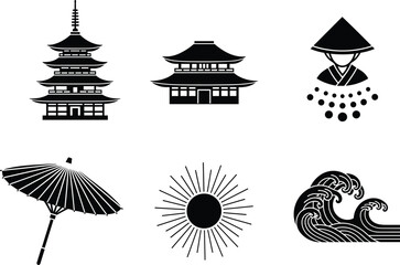 Black silhouette icon set of Japanese cultural symbols featuring a traditional pagoda temple oriental woman in kimono parasol rising sun and ocean wave © Mukta