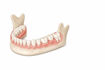 A dental model displays the lower jaw with teeth and gum details. This model is used for teaching and understanding dental anatomy.