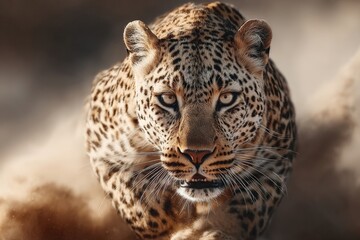 Fototapeta premium A powerful leopard in motion, captured with intense focus and sharp detail, showcasing its natural beauty and predatory grace.