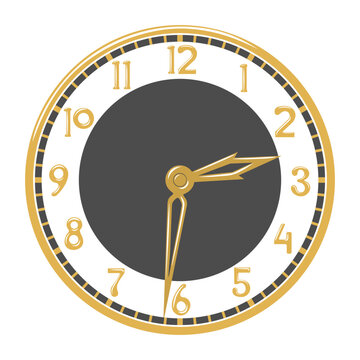 Vector elegant vintage round wall clock with gold hands and numbers isolated on white background