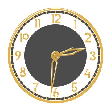 Elegant vintage round wall clock with gold hands and numbers isolated on white background