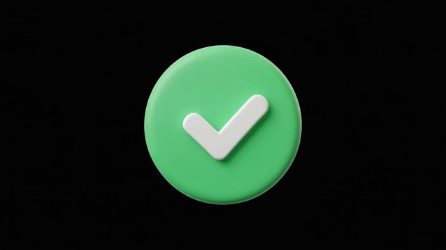 Green circular button with white check mark centered on black background, symbolizing correctness, confirmation, success, and completion.