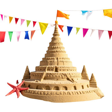  Traditional thai sand pagoda with colorful flags for songkran
