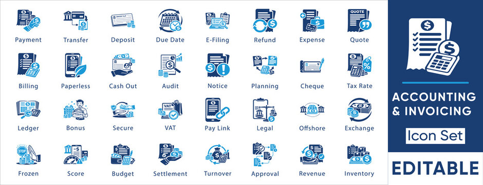 Accounting and invoicing icon set. Vector collection including e-filing, paperless billing, offshore, audit, pay link and tax rate symbols.