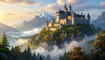Obraz premium Majestic Mountain Castle Above Misty Forest at Sunrise