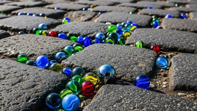 Colorful marbles scattered on cobblestone pavement outdoors  