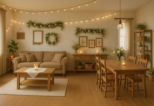Cozy rustic living and dining room with festive string lights and natural wooden furniture