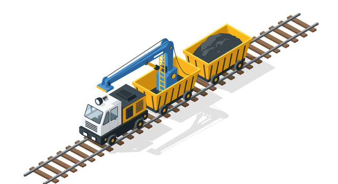 Isometric illustration of a train with a crane truck on railway tracks.