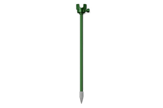 Green fishing rod pod with adjustable head and pointed base for stability