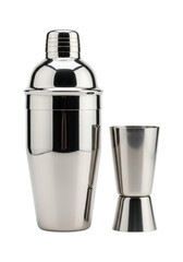 Professional boston cocktail shaker set, polished stainless steel tin and brushed cup, separated, on transparent studio background with copy space, elegant mixology product photography concept