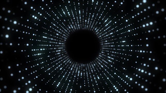 Futuristic sci-fi circle portal in space. 3D blue ai tunnel with dots and lines. Abstract digital wormhole data. Flow particle by funnel. Fantasy circle vortex on dark background. 3D rendering.