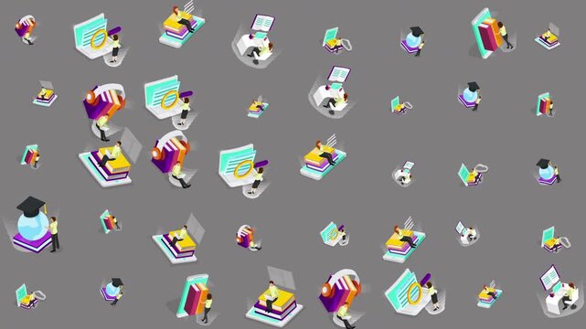 Displays diverse isometric icons related to education and learning on gray. Ideal for educational websites, presentations, and teaching materials for various subjects.