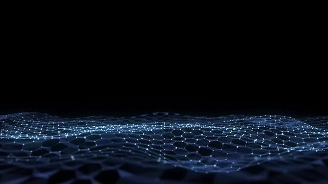 Abstract technology blue hexagon wave with motion dots and lines. Dark cyberspace in digital background. Dynamic cyber hexagon mesh. Medical backdrop. Futuristic wireframe texture. 3D rendering.