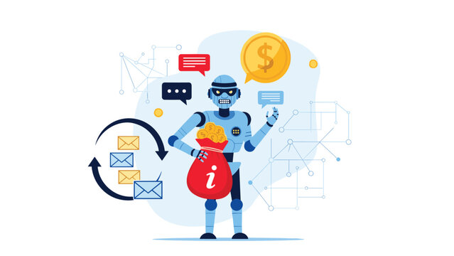Digital security concept features a robot character as a hacker stealing a bag of money and sensitive data represented by email icons.