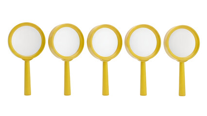 Five Yellow Magnifying Glasses with White Circular Lenses isolated on a transparent background