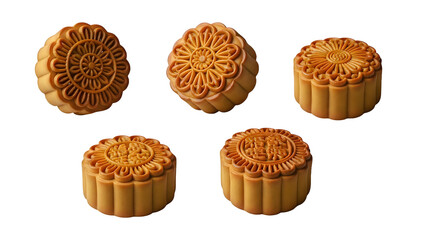 Five Golden Brown Mooncakes with Intricate Floral Patterns isolated on a transparent background