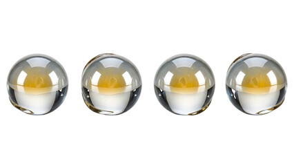 Four clear glass spheres with yellow liquid inside isolated on a transparent background