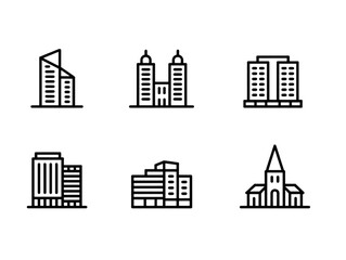 Set of six minimalist line art icons, featuring various modern building and city urban architecture symbols