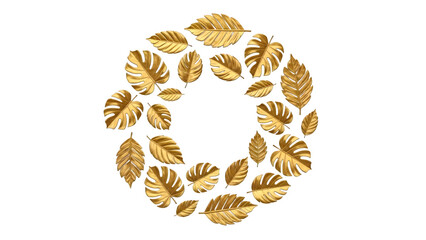 Golden tropical leaves arranged in a circular wreath isolated on a transparent background monstera