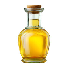 Glass bottle with cork stopper filled with golden liquid oil