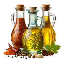 Three glass bottles of cooking oil and spices on a white background