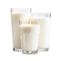 Three glasses of fresh white milk arranged on a white background