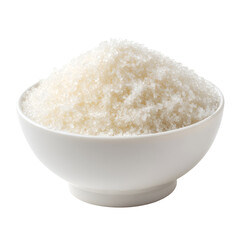 White bowl filled with coarse salt on a white background