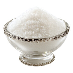 A crystal bowl filled with white granular sugar on a white background