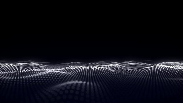 Abstract technology black wave with motion glowing dots. Dark cyberspace in digital background. Connection big data. Futuristic wireframe texture. Dynamic analysis a network connection. 3D rendering.