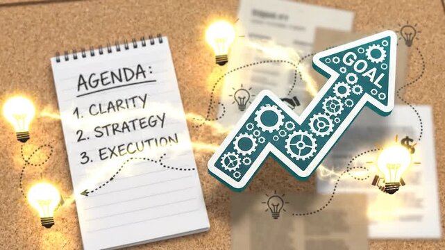 Agenda clarity strategy execution goal concept light bulb notepad paper corkboard idea business plan success creativity planning teamwork motivation inspiration target progress growth development