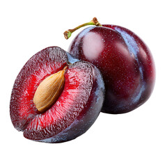 Fresh ripe plum cut in half showing seed and flesh