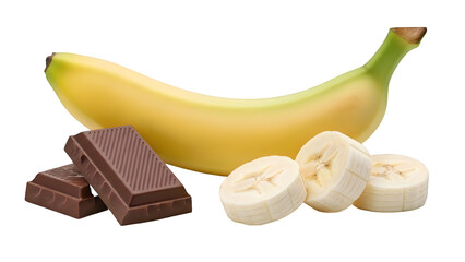 Ripe Yellow Banana with Sliced Pieces and Chocolate Bars isolated on a transparent background