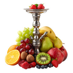 Exotic fruit arrangement with hookah base on white background