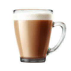 Clear glass mug filled with creamy latte coffee and frothy foam