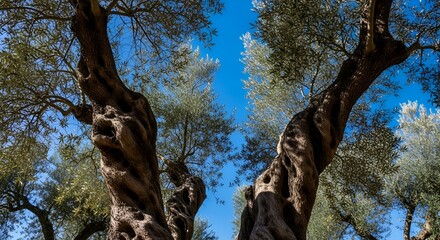 Ancient olive trees in Tunisian countryside under blue sky at afternoon