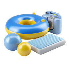 Collection of colorful inflatable pool toys and a camera on a white background