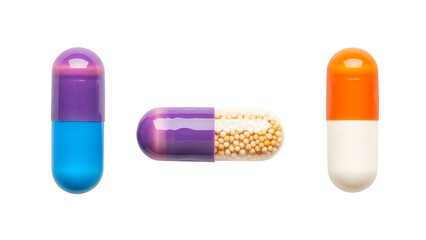 Three colorful pharmaceutical capsules with visible contents isolated on a transparent background
