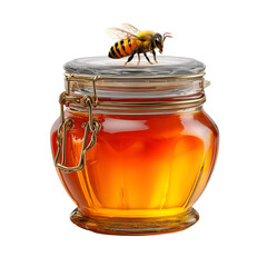 Honey bee on a jar of golden honey isolated on white background