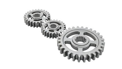 Three metallic gears meshing together in a diagonal line isolated on a transparent background