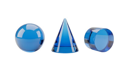Transparent blue geometric shapes sphere cone cylinder isolated on a transparent background