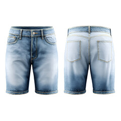 Front and back view of light blue denim shorts on a white background