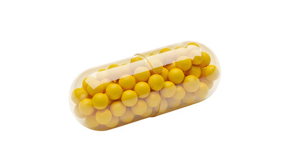 Transparent Capsule Filled With Yellow Spheres isolated on a transparent background pill medicine